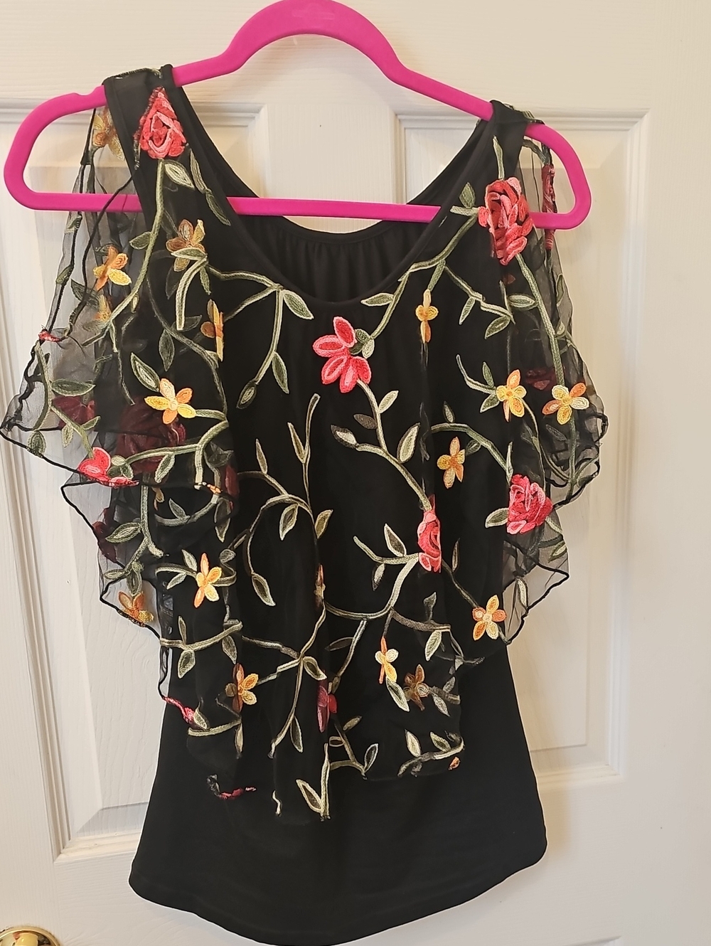 Black Floral Embroidered Ruffle Cold-Shoulder Blouse